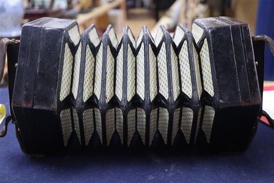 A Lachenal & Co mahogany concertina squeeze box, c. 1900-10, 30 bone keys, blade leatherette bellows